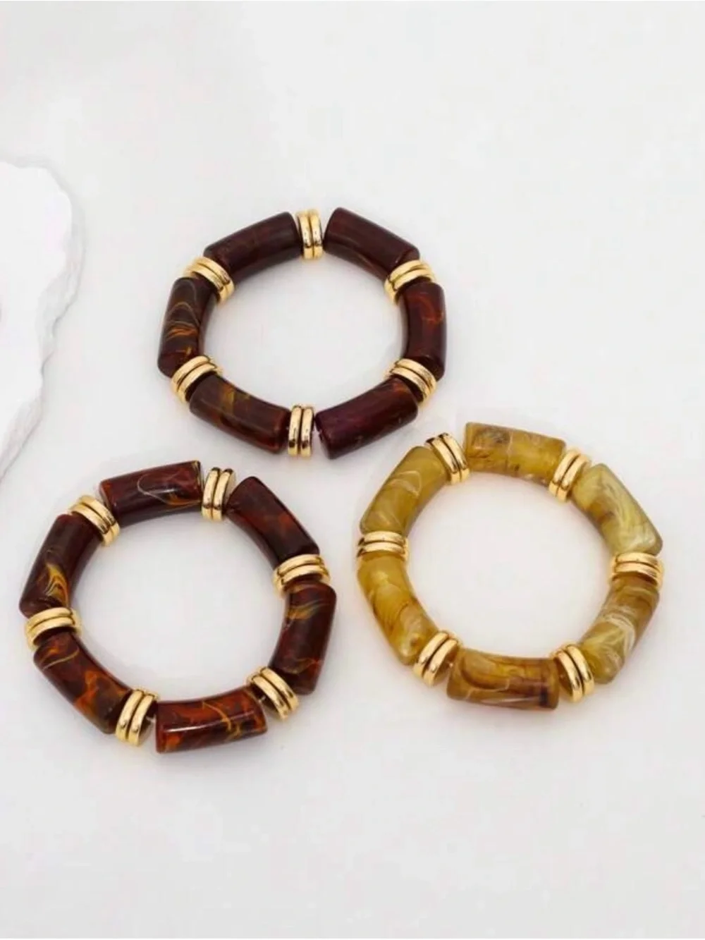 3pcs Ladycoco vintage deformed Brown/Amber Resin Beaded Bracelet